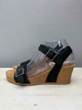 Aetrex Black Leather Lexa Ankle Strap Wedge Sandals Size 7